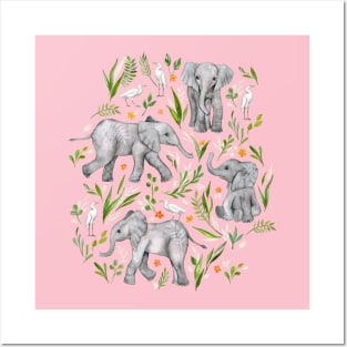 Baby Elephants and Egrets in watercolor - blush pink Posters and Art